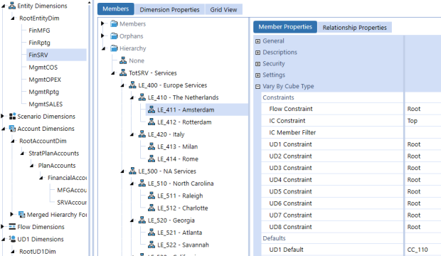 In the Dimension Library screen, the different dimension types that are created and maintained in the dimension library are displayed on the left side of the screen. Entity Dimensions is expanded to show FinSRV selected. On the Members tab, the Hierarchy folder is expanded to show LE_411 – Amsterdam selected. In the Member Properties, under Vary By Cube Type, UD1 Default is set to CC_110.